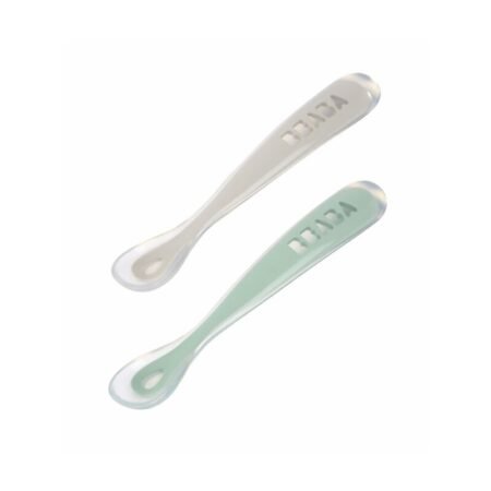 Lot 2 cuillères 1er âge silicone avec boite de transport Vert sauge/Gris velours