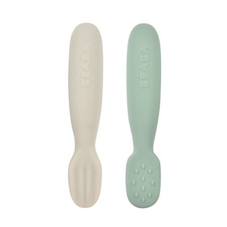 Lot 2 pré-cuillères d'apprentissage silicone Vert sauge/Gris velours